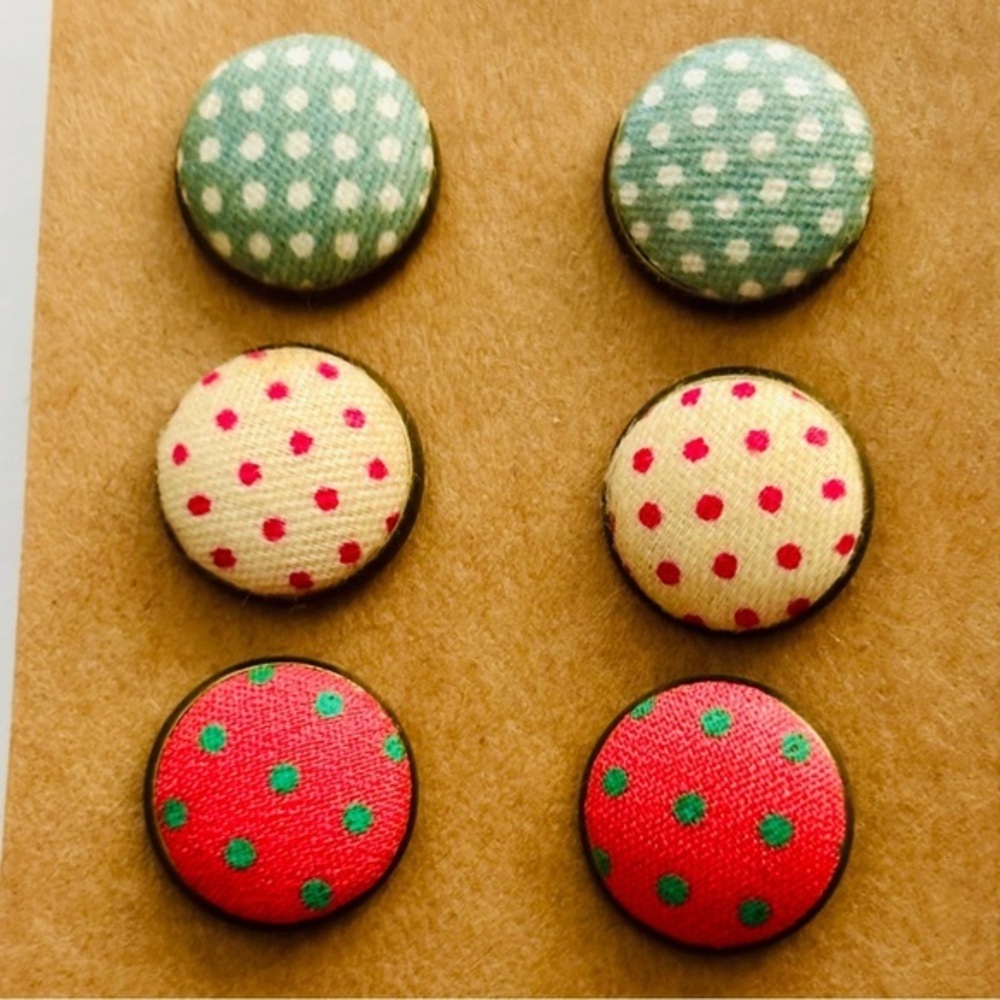 3 Pairs Polka Dot Fabric Button 12mm Stud Earrings, Handmade, NWT